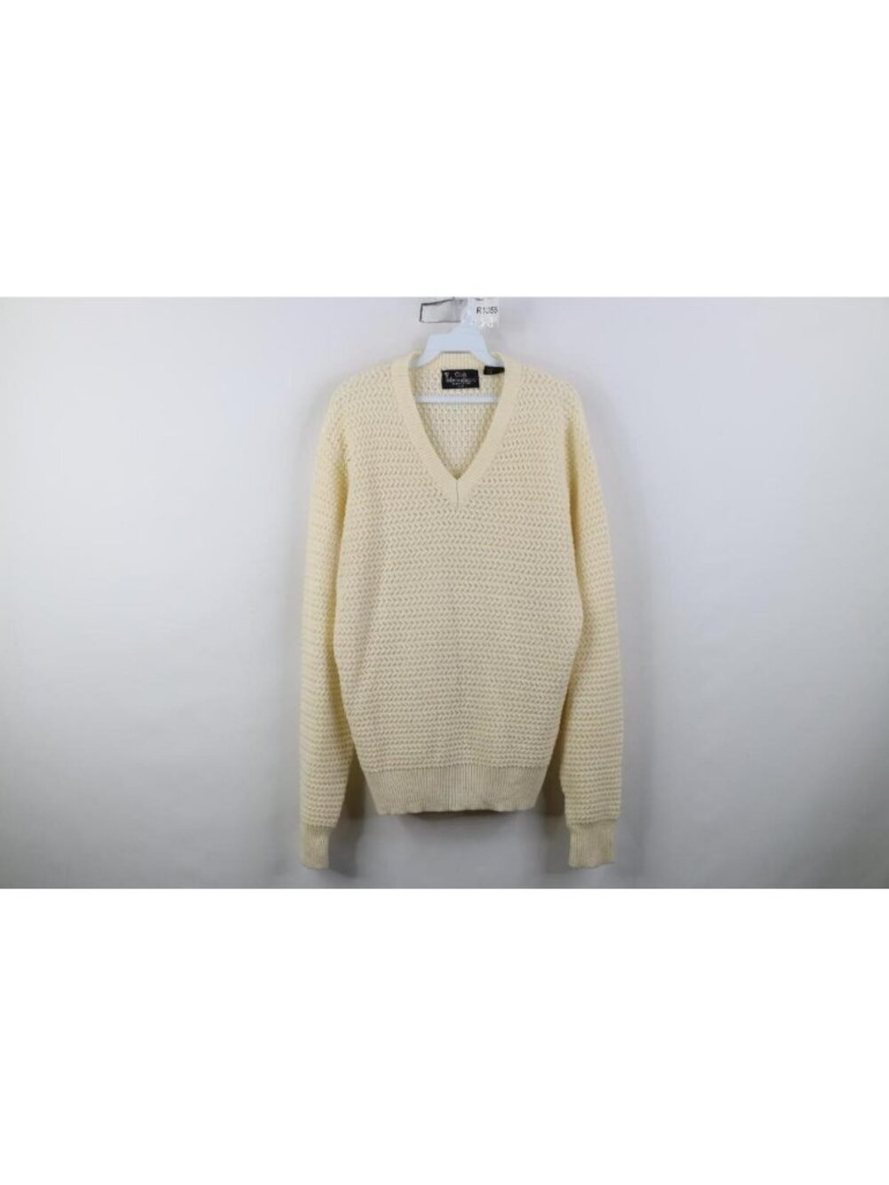 Vintage 70s Streetwear Mens Large Blank Chunky Zig Zag Knit V-Neck Sweater Cream